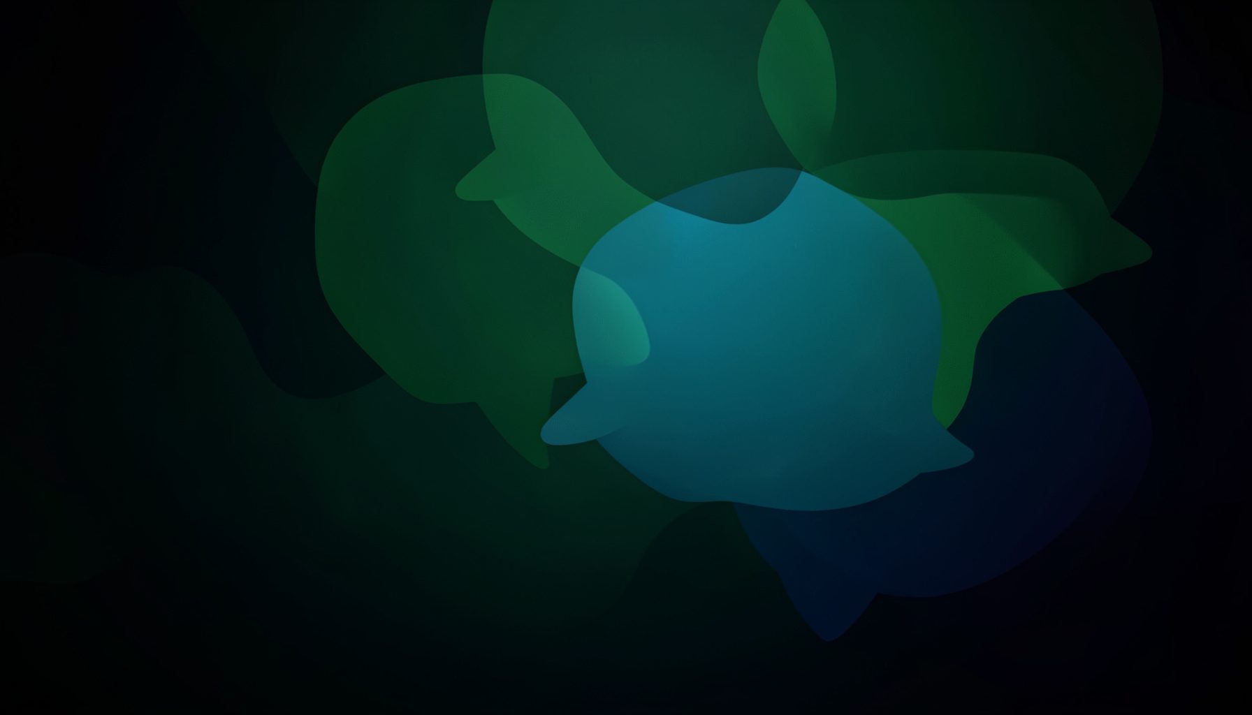 Abstract dark background with overlapping green teal and blue translucent speech bubble shapes, calming digital mood