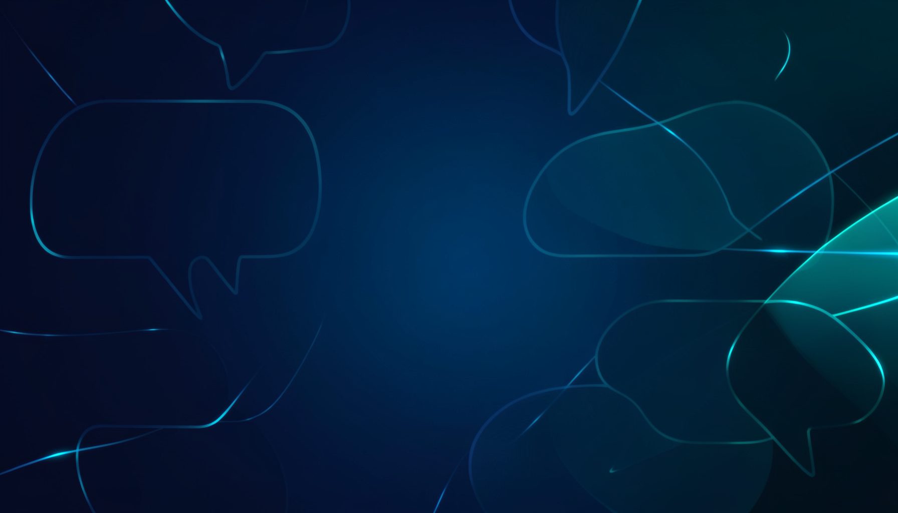 Abstract dark blue and teal background with outlined speech bubble shapes and thin glowing lines, tech communication mood